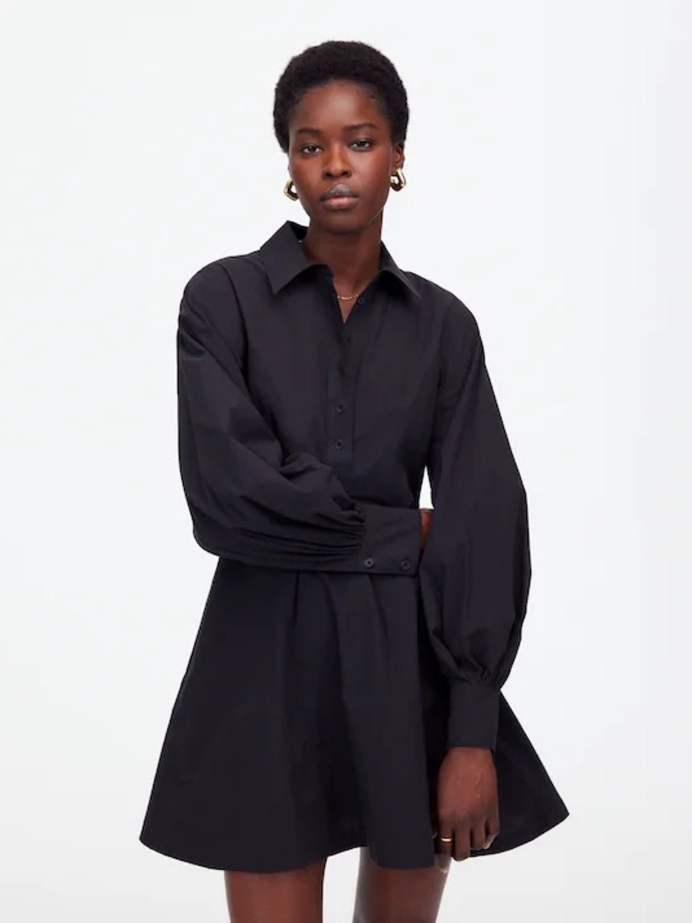 NWT Madewell Cotton Poplin Mini Shirt Dress Black Balloon Sleeve Size 2 - Picture 2 of 12